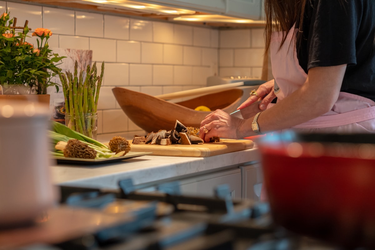 Modern kitchen with fresh ingredients and healthy cooking setup